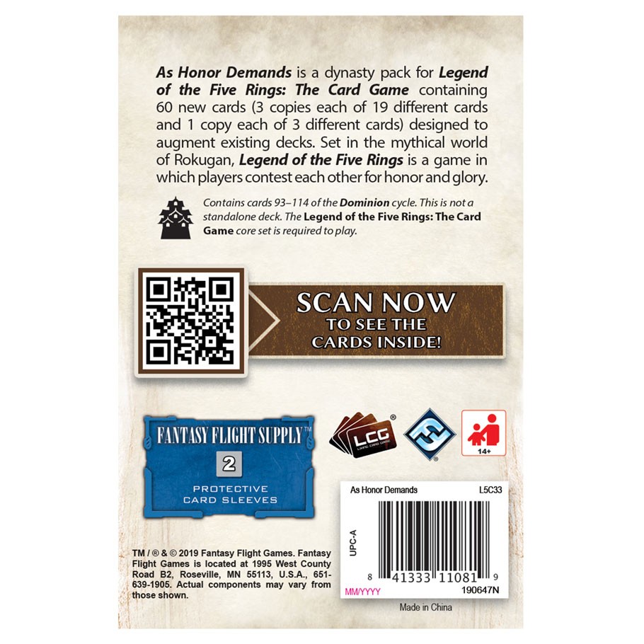 Legend of the Five Rings : The Card Game - As Honor Demands Dynasty Pack